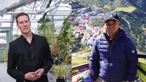 Man in black suit in green house. Man in blue jacket on a hill
