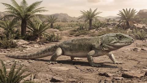 artistic reconstruction of a landscape with Captorhinus, artwork by Michael deBraga.