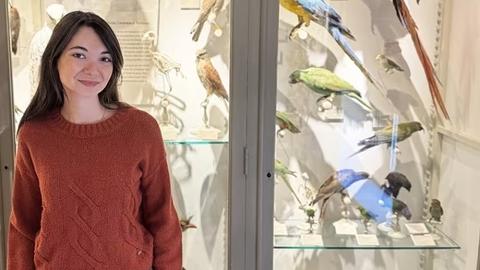 Student, Lauren Bartel stands in front of a display of birds