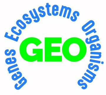 Logo with GEO in green surrounded by words in blue
