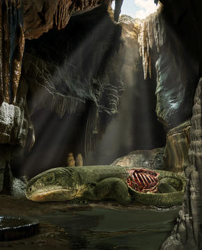 Artistic reconstruction of 289-million-year-old reptile Captorhinus in its death pose in a cave system
