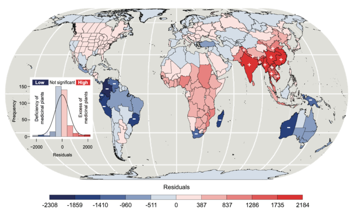 Map showing regions of high and low medicinal plants in the world