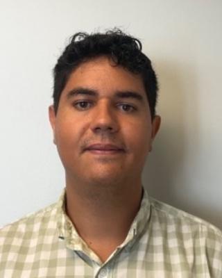 Thalles Lavinscky Pereira with short dark hair, white and green check shirt, grey background