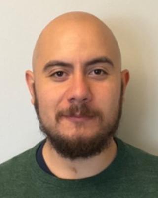 Bald man with beard and mustache wearing a green shirt