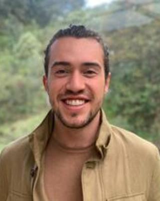 Daniel Faccini Otero with dark hair and beard, wearing a tan shirt, in front of window with trees outside