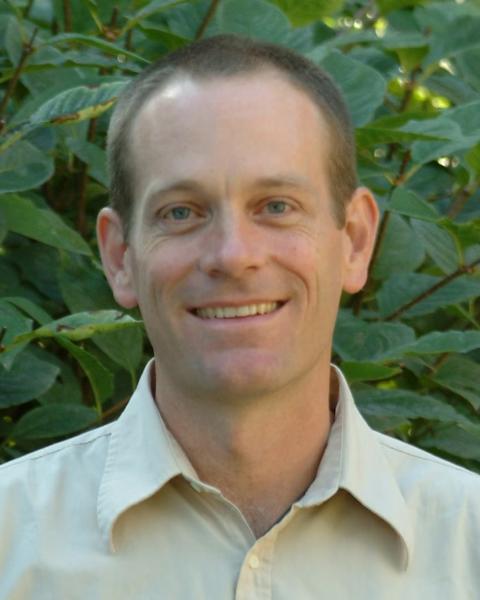 Professor John Wakeley with short hair and light shirt, standing in front of a tree